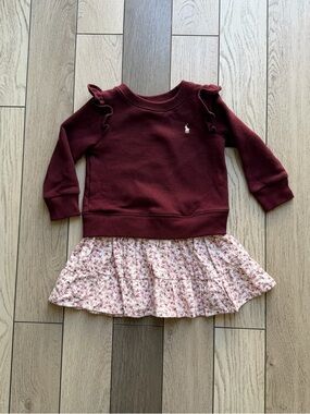Ralph Lauren Burgundy Ruffle Sweatshirt Dress with Floral Skirt size 2